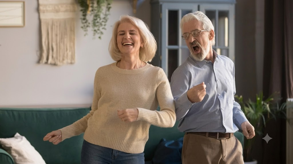 Happy retired couple dancing at home